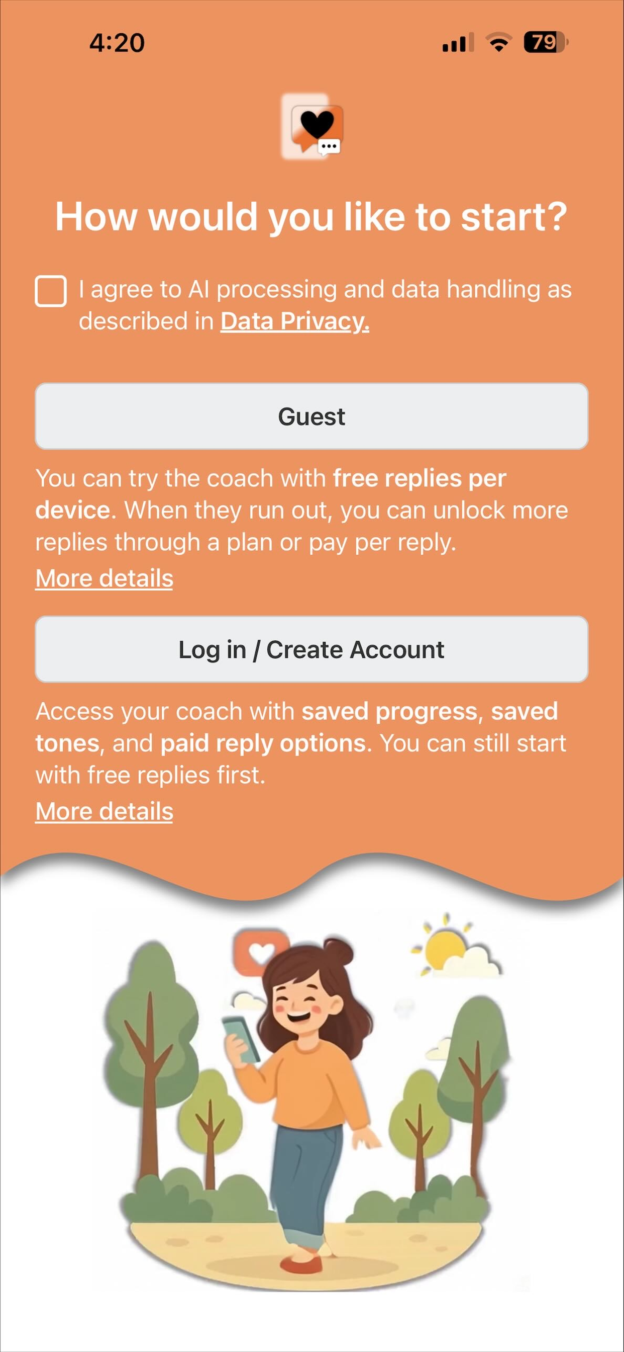 Emotional Chat Coach start option screen